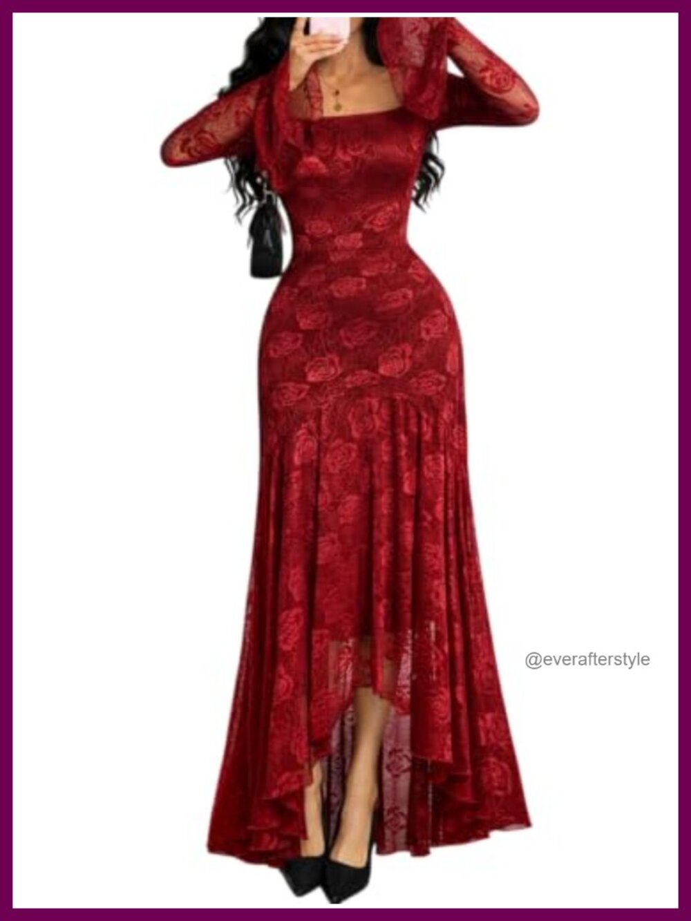 Lace Maxi Dress Bell Sleeve Square Neck Formal Party